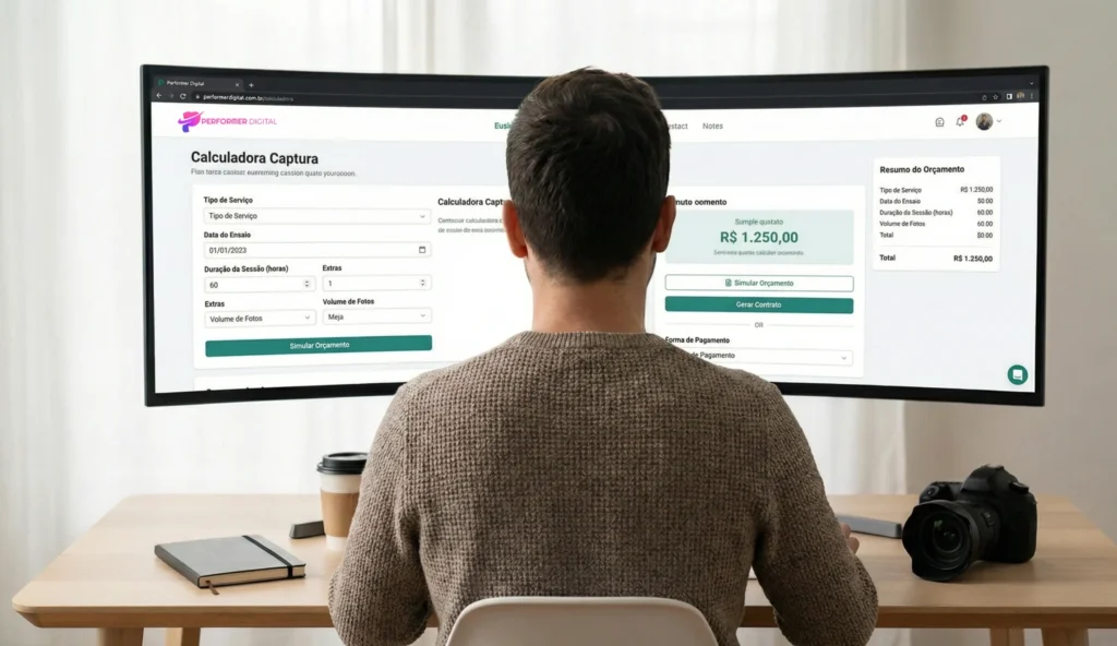calculadora-preco-ensaio-fotografico-captura-performer-digital-juliano-augusto Interface da Calculadora Captura sendo usada em um computador, exibindo o resultado de um orçamento de ensaio fotográfico automático com opções de contrato e pagamento.